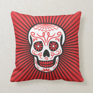 Cojín Decorativo el cráneo del azúcar estalló negro y rojo