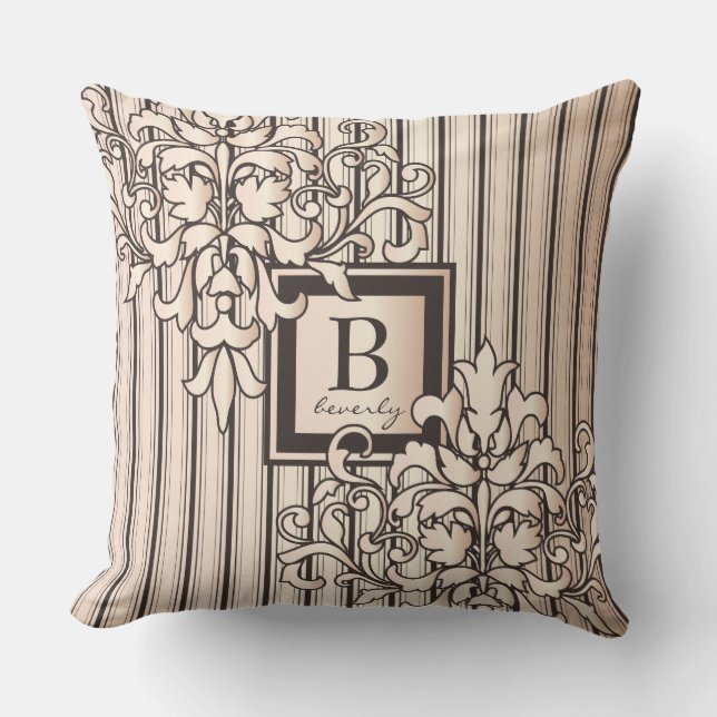 Cojín Decorativo El damasco del monograma raya monocromo neutral (Anverso)