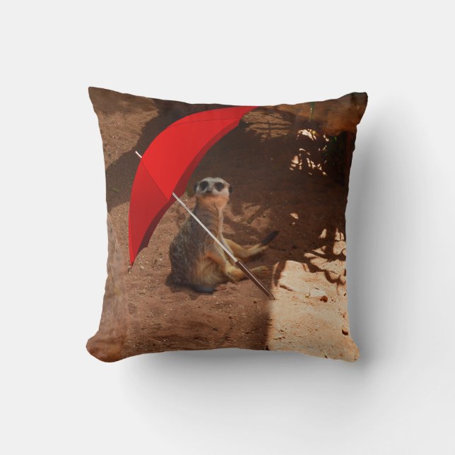 Cojín Decorativo El divertido Sun Smart Meerkat Bajo El Paraguas, (Anverso)