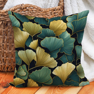 Cojín Decorativo El elegante Ginko verde dorado deja negro