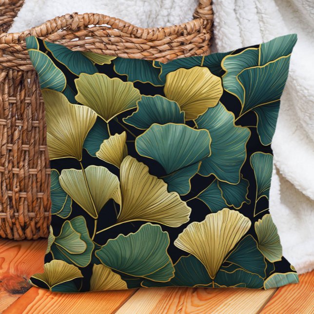 Cojín Decorativo El elegante Ginko verde dorado deja negro (Elegant green and gold ginko on black decorator pillow)