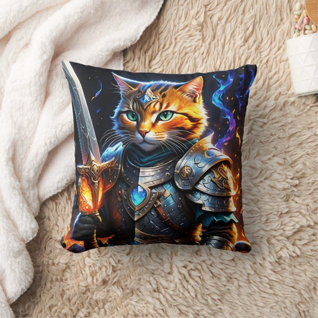 Cojín Decorativo El gato caballero aventurero sostiene una espada (Manta)