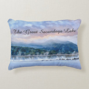 Cojín Decorativo El Gran Lago de Sacandaga con puente e isla