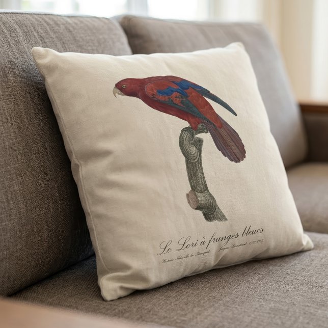 Cojín Decorativo El Lori de Franjas Azules  (Long-Tailed Red Lory, Trichoglossus borneus. Throw Pillow)