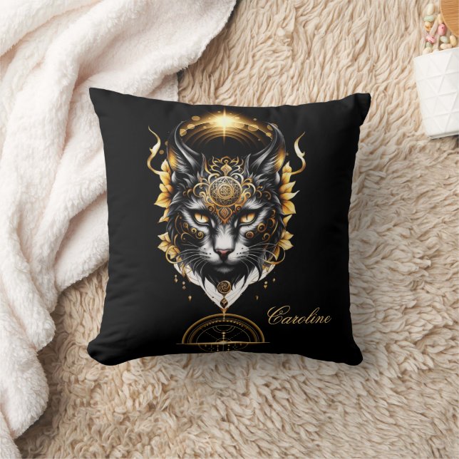 Cojín Decorativo El maravilloso gato negro dorado. (Manta)