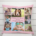 Cojín Decorativo El mejor Collage de fotos rosado del mundo<br><div class="desc">Dale a la mejor tía del mundo un divertido regalo de fotografía personalizado. Esta almohada rosada presenta un collage de 8 fotos de sus sobrinas, sobrinos, familia, mascotas, etc., sus nombres y la "mejor tía del mundo" y si se la llama "tía", "Tia", etc., en la moderna tipografía gris claro....</div>