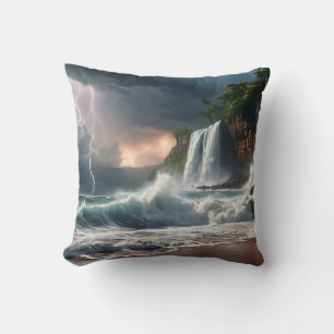 Cojín Decorativo El paisaje de la playa de Waves Strike Lightning