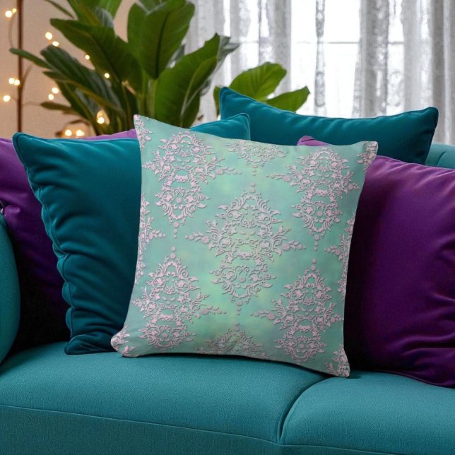 Cojín Decorativo El precioso Verde azulado y Lavender Pastel Damask (Subido por el creador)