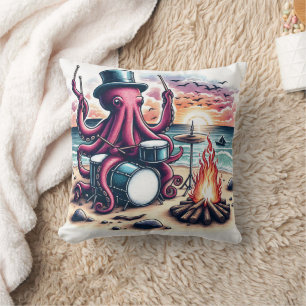 Cojín Decorativo El pulpo tamborea junto a una fogata de playa al a