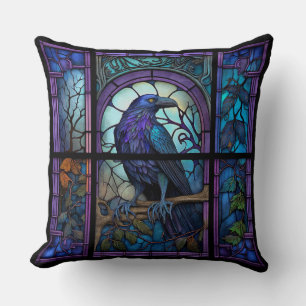 Cojín Decorativo El vidrio emplomado del cuervo espeluznante