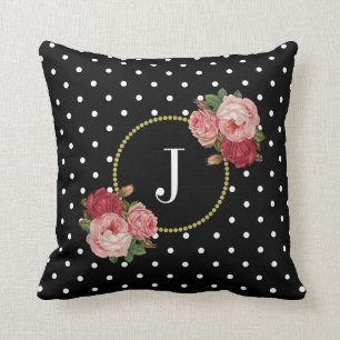 Cojín Decorativo El vintage negro elegante florece el monograma de