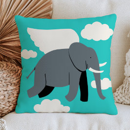 Cojín Decorativo Elefante Alado Volando en Cielo Azul Turquesa