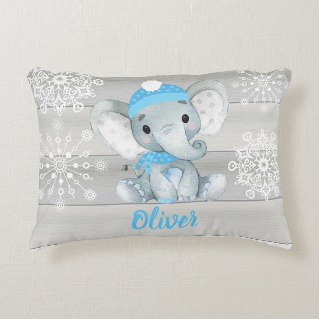 Cojín Decorativo Elefante azul copo de nieve gris Nombre personaliz (Anverso)