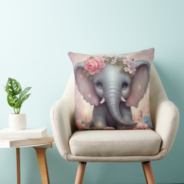 Cojín Decorativo Elefante bebé adorable con flores (Silla)