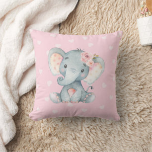 Cojín Decorativo Elefante bebé con fondo de corazón rosado
