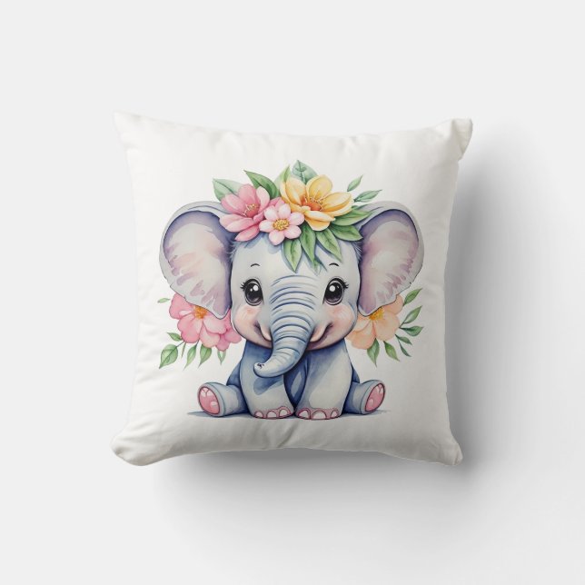 Cojín Decorativo Elefante cutáneo acuarela con flores (Anverso)