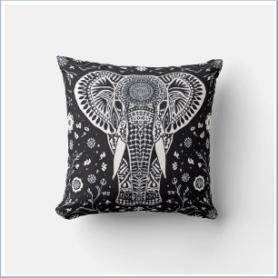 Cojín Decorativo Elefante de Batik negro y blanco boho