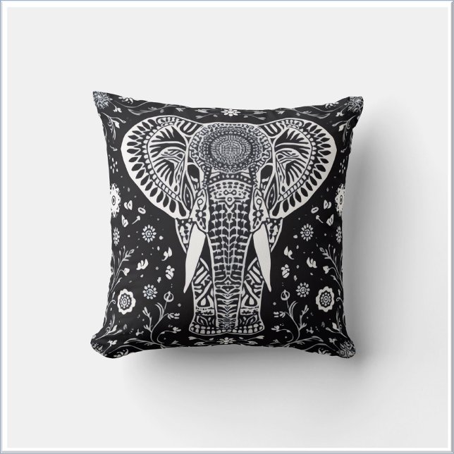 Cojín Decorativo Elefante de Batik negro y blanco boho (Subido por el creador)