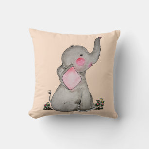 Cojín Decorativo Elefante De Bebé Cuto De Acuarela Con Rubor Y Flor