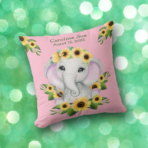Cojín decorativo elefante de bebé de girasol lindo