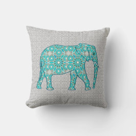 Cojín Decorativo Elefante de la flor de la mandala - turquesa, gris