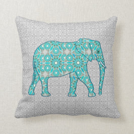 Cojín Decorativo Elefante de la flor de la mandala - turquesa, gris
