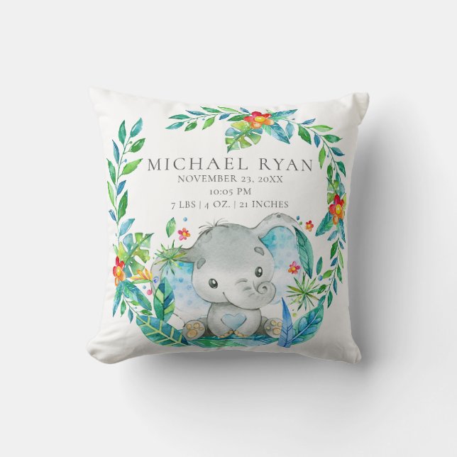 Cojín Decorativo Elefante de la jungla bebé Nacimiento Estadísticas (Anverso)
