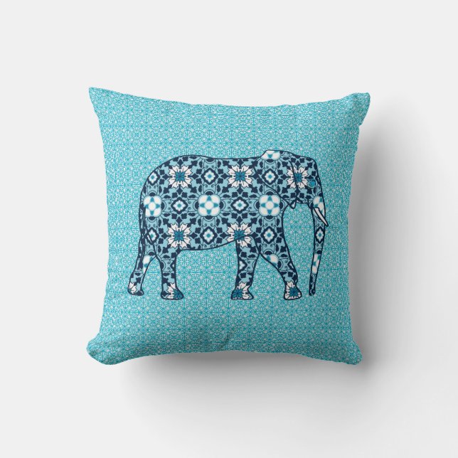 Cojín Decorativo Elefante de mosaico marroquí, cobalto, marina y az (Anverso)