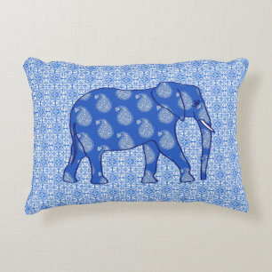 Cojín Decorativo Elefante de paisley - azul cobalto y blanco