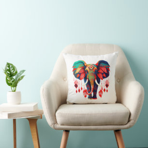 Cojín Decorativo Elefante Espiritual con Plumas Rojas