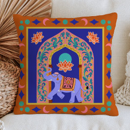 Cojín Decorativo Elefante Indio Marrón y Azul Arte Popular BOHO Chi