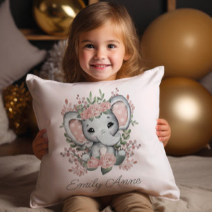 Cojín Decorativo Elefante Lindo Floral Rosa Verde Nombre del Niño