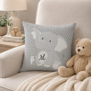 Cojín Decorativo Elefante Monograma Adorable Gris y Blanco de Lunar