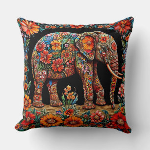 Cojín Decorativo Elefante Ornate con Patrones Florales Vibrantes