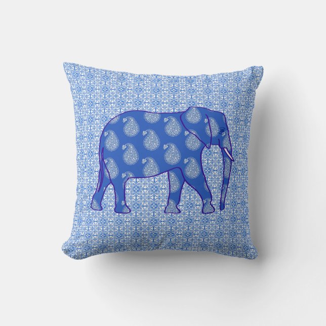 Cojín Decorativo Elefante paisley - azul cobalto y blanco (Anverso)