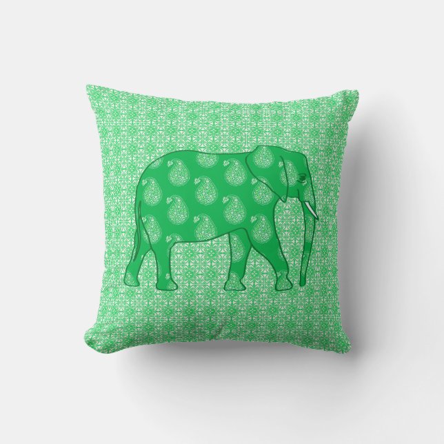 Cojín Decorativo elefante paisley - verde jade y blanco (Anverso)