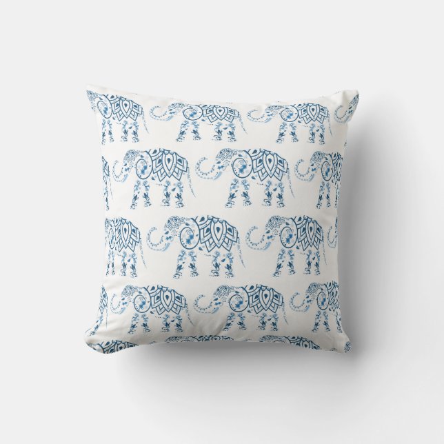 Cojín Decorativo Elefante tribal azul Mandala en blanco (Anverso)