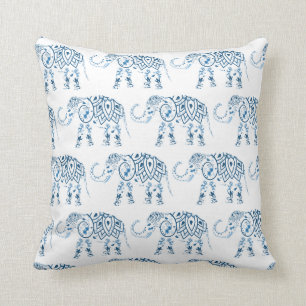 Cojín Decorativo Elefante tribal azul mandala sobre blanco