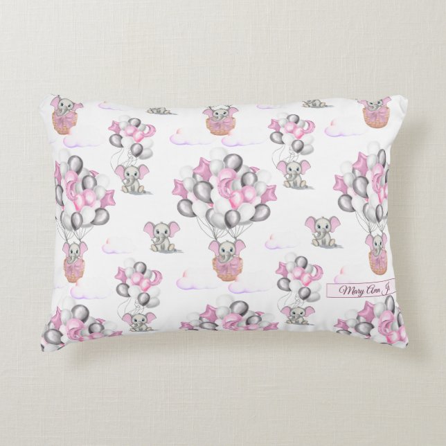 Cojín Decorativo Elefantes Cute Globos y Nubes Niña Bebé (Anverso)