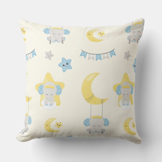 COJÍN DECORATIVO ELEFANTES DE BEBÉ BLANCO AMARILLO AZUL ESTRELLAS D (Anverso)