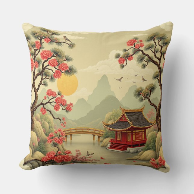 Cojín Decorativo Elegancia escénica de Chinoiserie (Anverso)