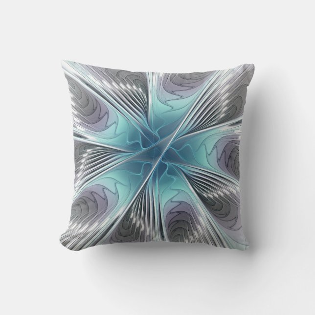Cojín Decorativo Elegancia Flor de Arte Fractal Blanco Gris Azul (Anverso)