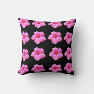 Cojín Decorativo "Elegancia floral: Hibiscus rosado florece en negr