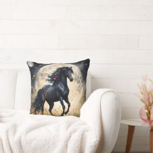 Cojín Decorativo Elegancia lunar: caballo negro de fantasía con lun