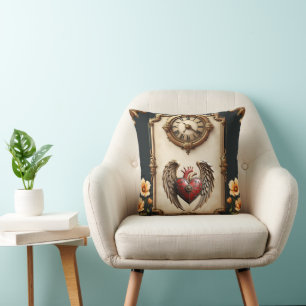Cojín Decorativo Elegancia vintage: un reloj y un corazón elegantes