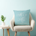 Cojín Decorativo Elegant Aqua Mr. y Mrs. Script Personalizado Monog<br><div class="desc">Elegante almohada de acento cuadrado para parejas felices y recién casados presenta un guión blanco que el Sr. y la Sra. diseñan con un texto monograma personalizado que puede ser personalizado con el apellido casado. El color de fondo azul acuático se puede personalizar para que se coordine con los colores...</div>