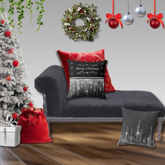 Cojín Decorativo Elegant Black Sparkly Silver Merry Christmas (Elegant black and silver sparkly icicles and stars throw pillows with "Merry Christmas" throw pillow)