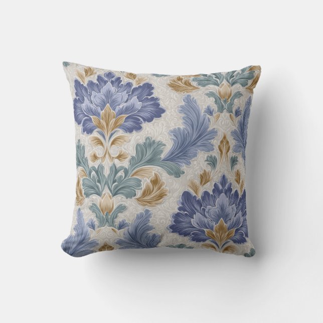 Cojín Decorativo Elegant Blue & Gold Ornamental Floral Throw Pillow (Anverso)