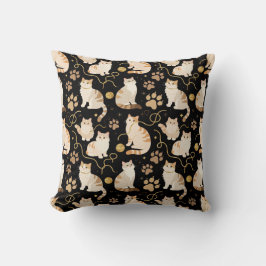 Cojín Decorativo Elegant felines and sparkling gold yarn on black, 