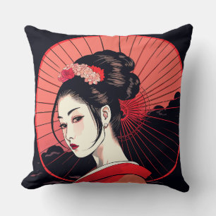 Cojín Decorativo Elegant Geisha Art with Red Umbrella and Floral Ki